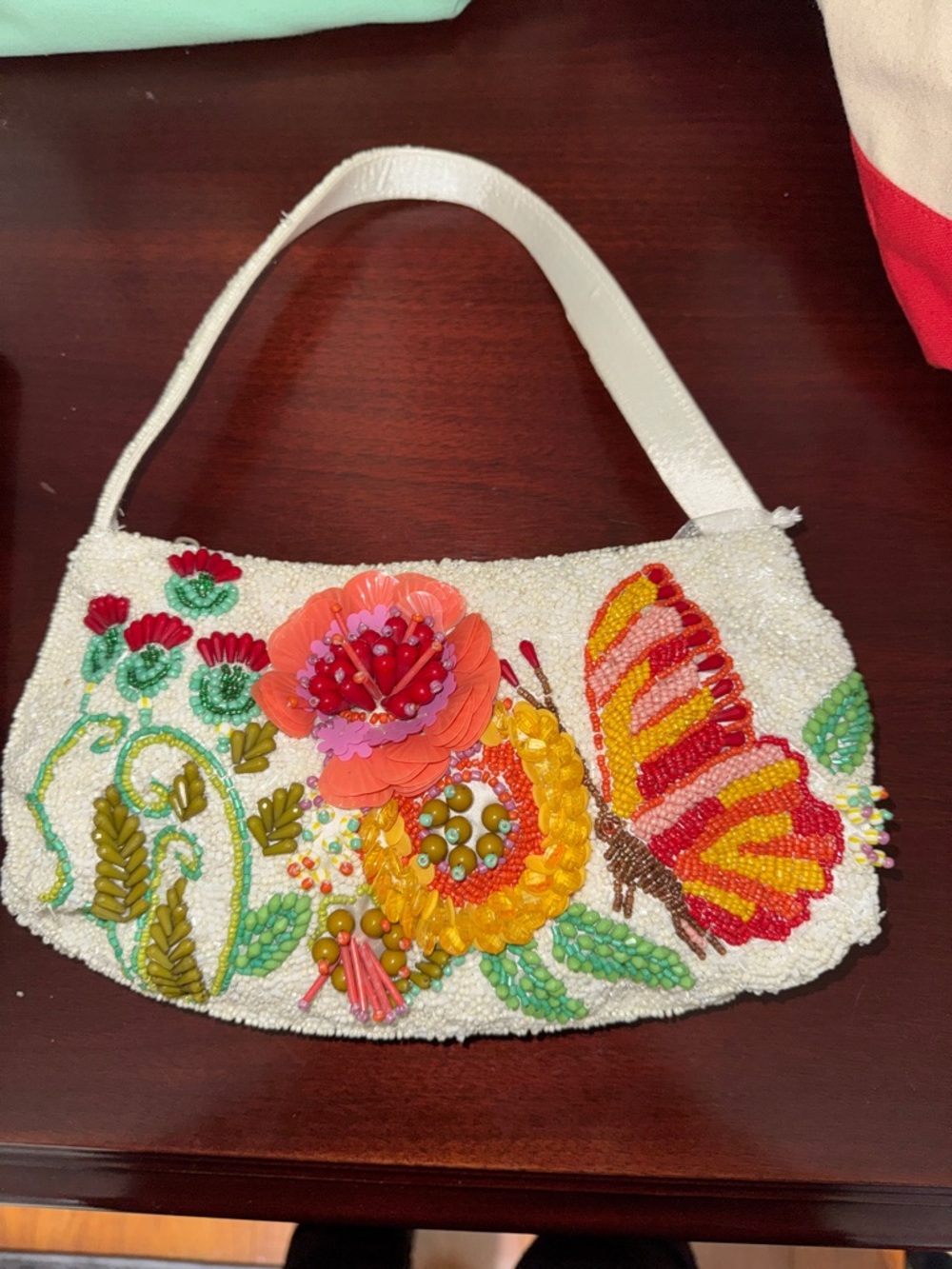 Butterfly  Beaded Shoulder Bag with Floral & Butterfly Appliqué